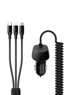 3.4A Multi-Connect Universal Car Charger Micro USB, Lightning And USB-C Cable With USB Port Black
