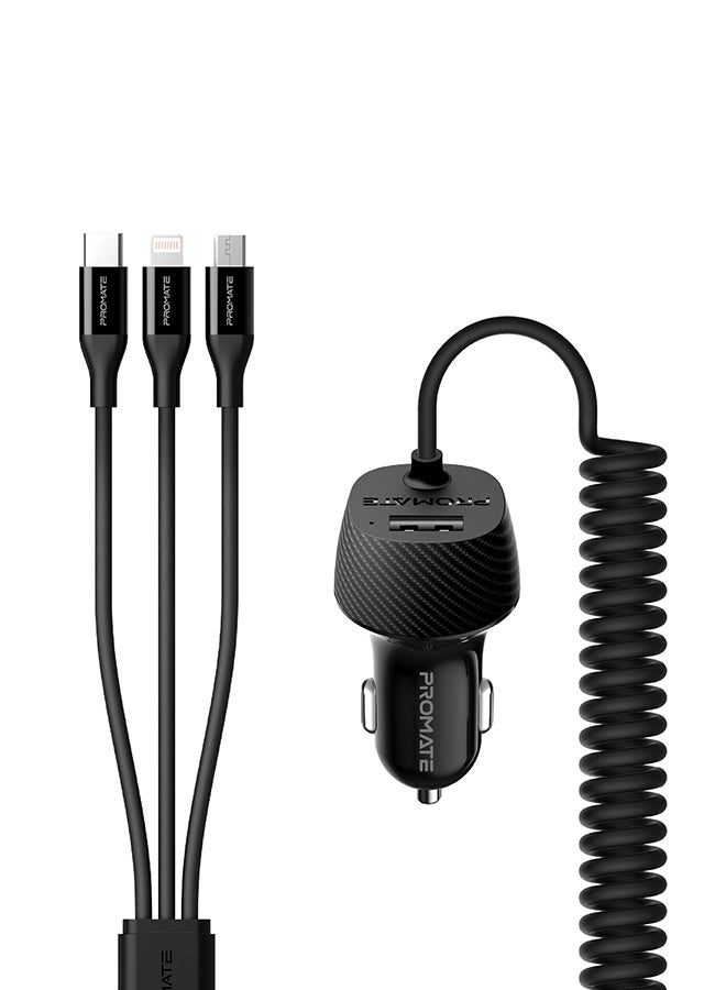 PROMATE - 3.4A Multi-Connect Universal Car Charger Micro USB, Lightning And USB-C Cable With USB Port Black - Image 1