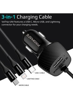 PROMATE 3.4A Multi-Connect Universal Car Charger Micro USB, Lightning And USB-C Cable With USB Port Black  - Image 2