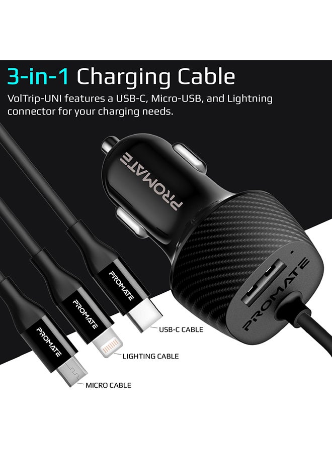 PROMATE - 3.4A Multi-Connect Universal Car Charger Micro USB, Lightning And USB-C Cable With USB Port Black - Image 1