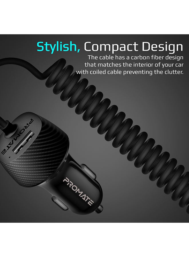 PROMATE - 3.4A Multi-Connect Universal Car Charger Micro USB, Lightning And USB-C Cable With USB Port Black - Image 1