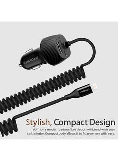 PROMATE Premium Carbon Fibre 3.4A Car Charger with Built-In Connector Coiled Cable and 2.4A Ultra-Fast USB Charging Port, Short-Circuit Protection for Smartphones, Tablets, GPS, VolTrip-i Black  - Image 3
