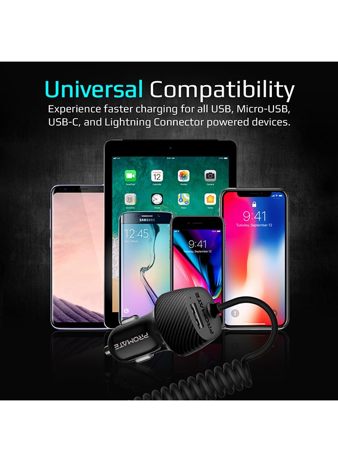 PROMATE - 3.4A Multi-Connect Universal Car Charger Micro USB, Lightning And USB-C Cable With USB Port Black - Image 1