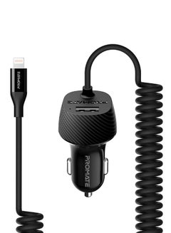 PROMATE Premium Carbon Fibre 3.4A Car Charger with Built-In Connector Coiled Cable and 2.4A Ultra-Fast USB Charging Port, Short-Circuit Protection for Smartphones, Tablets, GPS, VolTrip-i Black  - Image 1