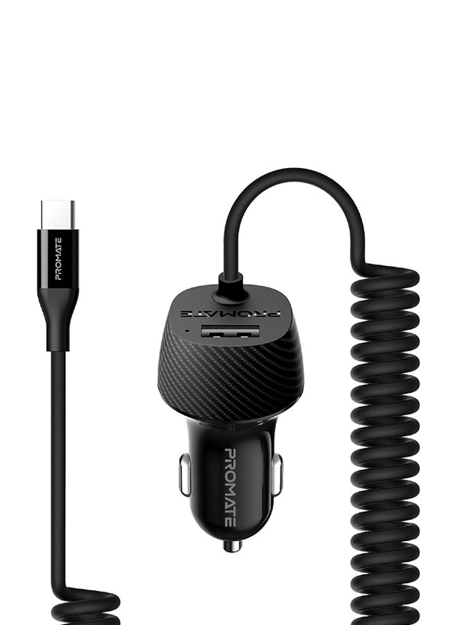 PROMATE Type-C Car Charger Adapter, Fast Charging 3.4A USB Car Charger with Integrated Built-In Coiled USB-C Tangle-Free Cor and Short Circuit Protection for Smartphones, iPhone, GPS, VolTrip-C Black - Image 1