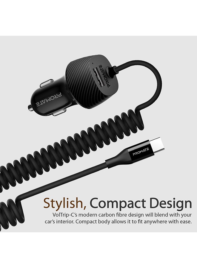 PROMATE Type-C Car Charger Adapter, Fast Charging 3.4A USB Car Charger with Integrated Built-In Coiled USB-C Tangle-Free Cor and Short Circuit Protection for Smartphones, iPhone, GPS, VolTrip-C Black - Image 3