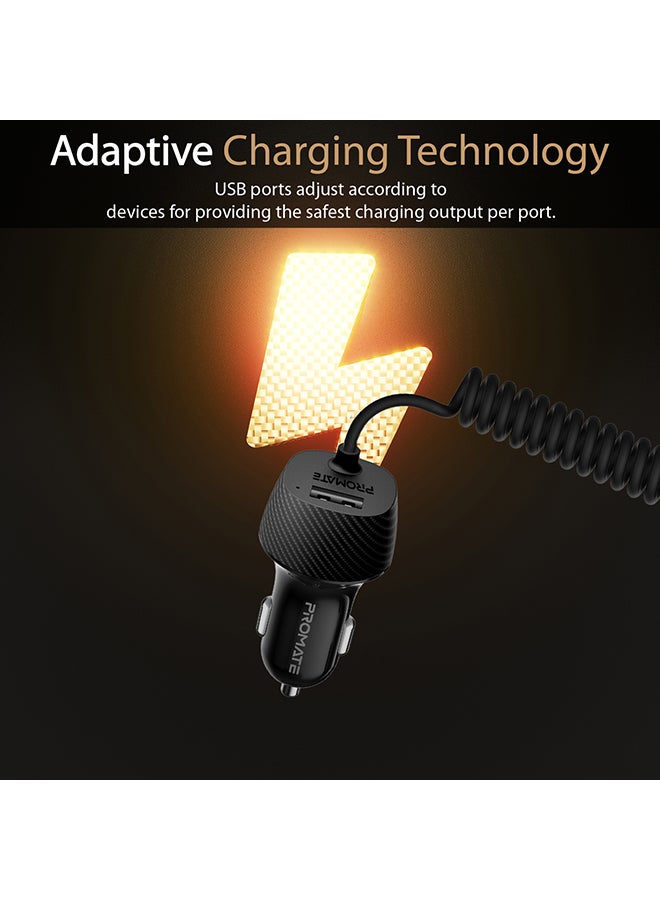 PROMATE Type-C Car Charger Adapter, Fast Charging 3.4A USB Car Charger with Integrated Built-In Coiled USB-C Tangle-Free Cor and Short Circuit Protection for Smartphones, iPhone, GPS, VolTrip-C Black - Image 4
