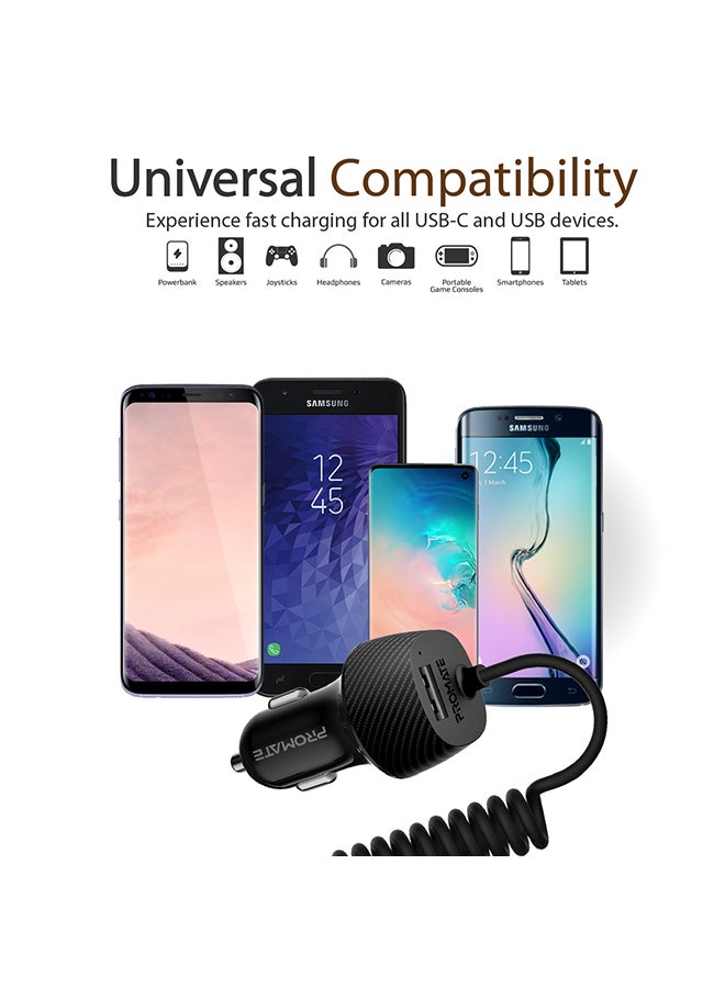 PROMATE Type-C Car Charger Adapter, Fast Charging 3.4A USB Car Charger with Integrated Built-In Coiled USB-C Tangle-Free Cor and Short Circuit Protection for Smartphones, iPhone, GPS, VolTrip-C Black - Image 5
