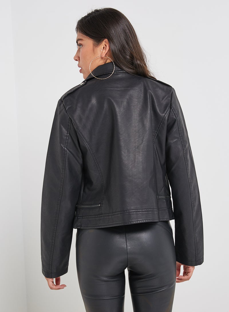 Long Sleeve Leather Jacket Black  - Image 2