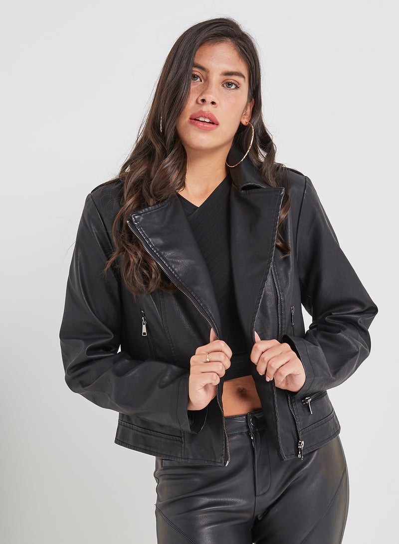 Long Sleeve Leather Jacket Black  - Image 1