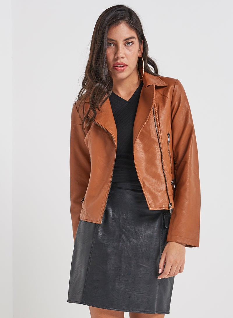 Long Sleeve Leather Jacket Brown  - Image 1