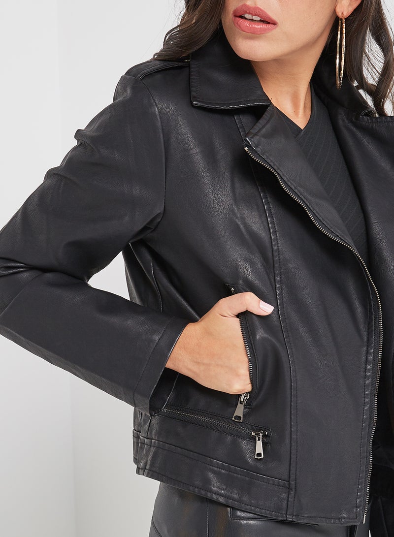 Long Sleeve Leather Jacket Black  - Image 4