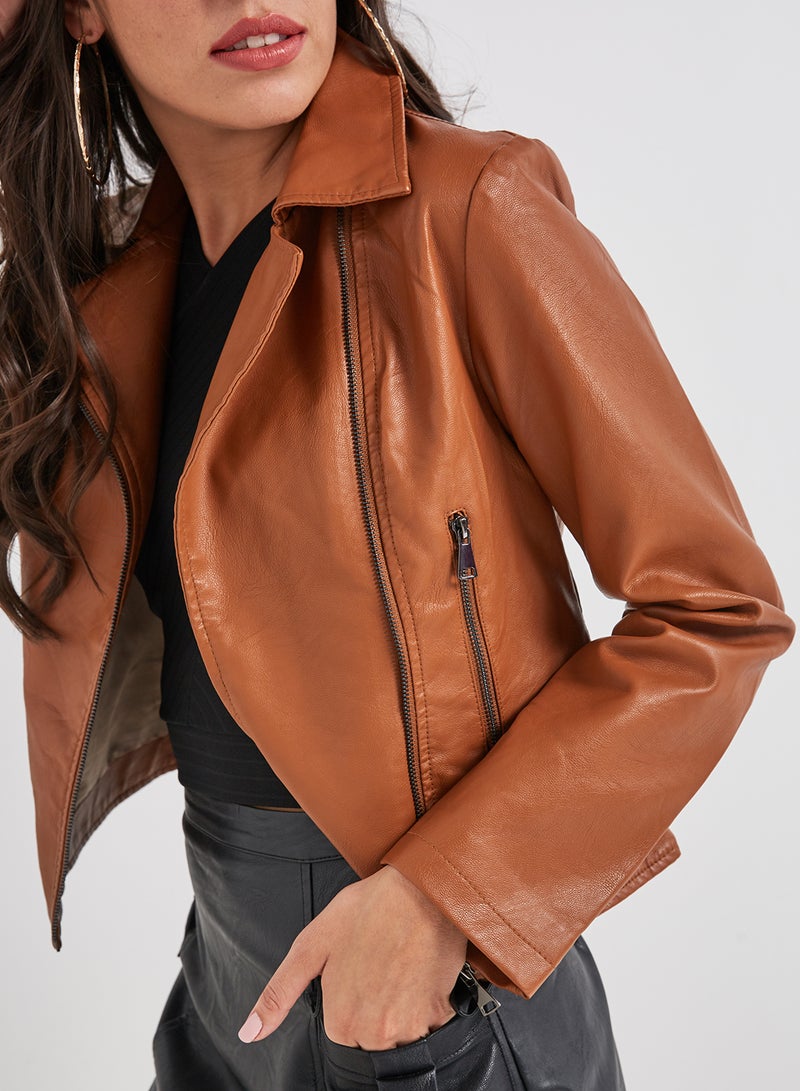 Long Sleeve Leather Jacket Brown  - Image 4