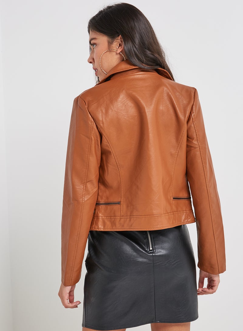 Long Sleeve Leather Jacket Brown  - Image 2