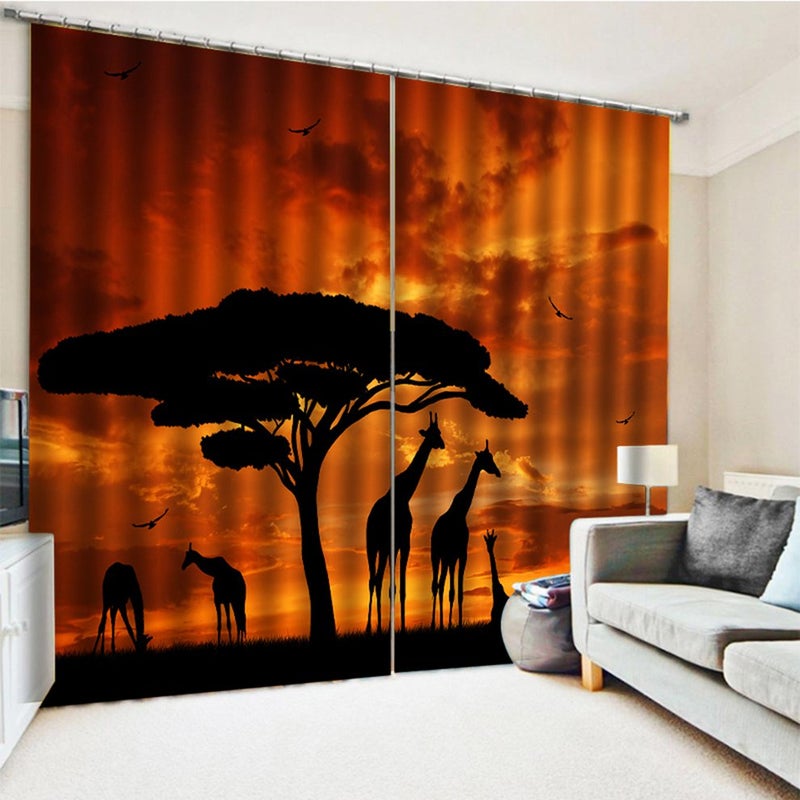 2-Piece Printed Curtain Set Black/Orange 140X100centimeter - Image 1