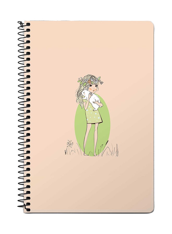 ستايلايزد دفتر ملاحظات بسلك مقاس A5 بتصميم فتاة تعانق أرنباً بيج / أخضر