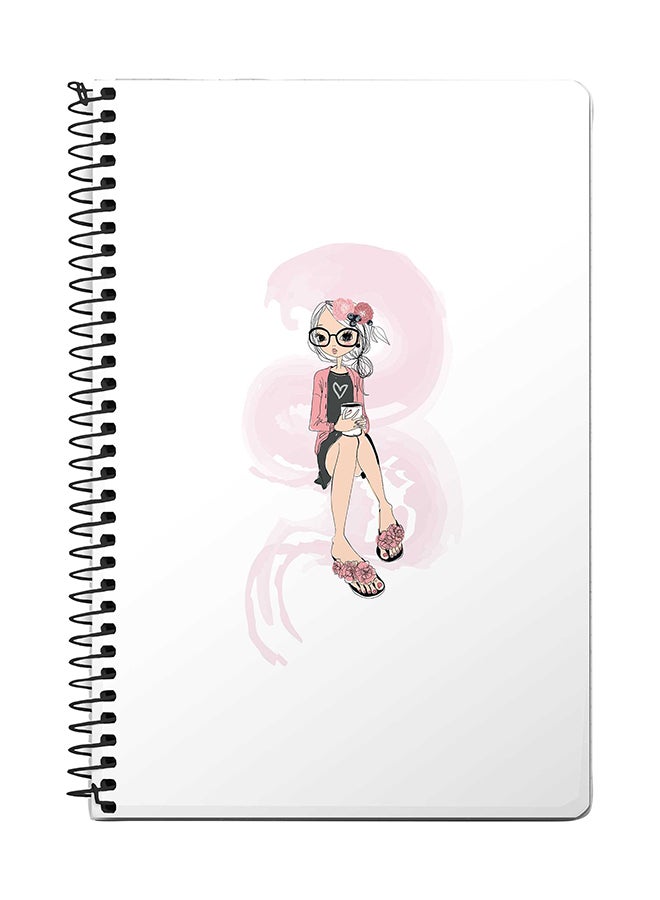 ستايلايزد دفتر ملاحظات بسلك مقاس 5A يحمل صورة لفتاة تذاكر كثيراً أبيض/ وردي