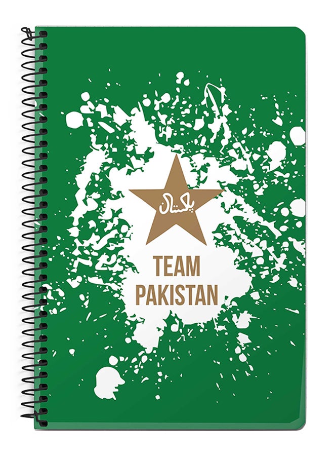 ستايلايزد دفتر ملاحظات مقاس A5 بسلك حلزوني مزين بطبعة عبارة "Team Pakistan" أخضر/أبيض