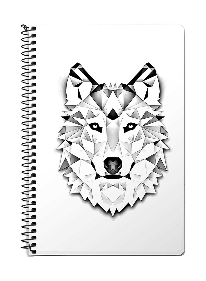 ستايلايزد دفتر مذكرات سلكي من 60 صفحة بتصميم ذئب مرسوم بمضلعات هندسية أبيض/رمادي