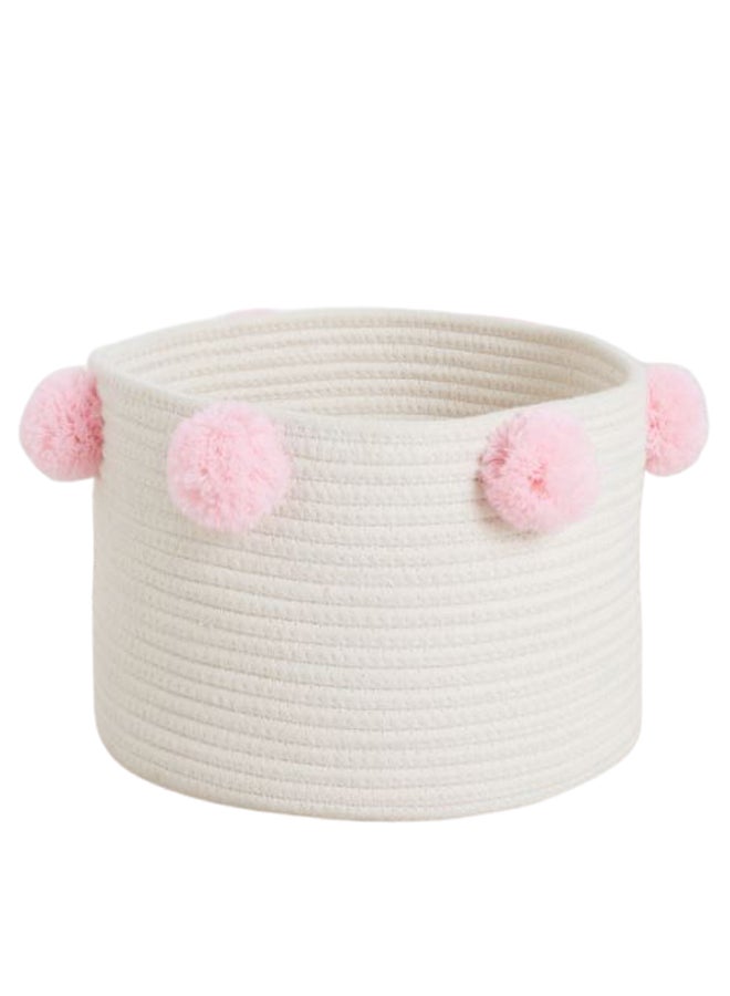 Cameron Round Storage Pom-Pom Design Hamper Light Beige/Pink  - Image 1