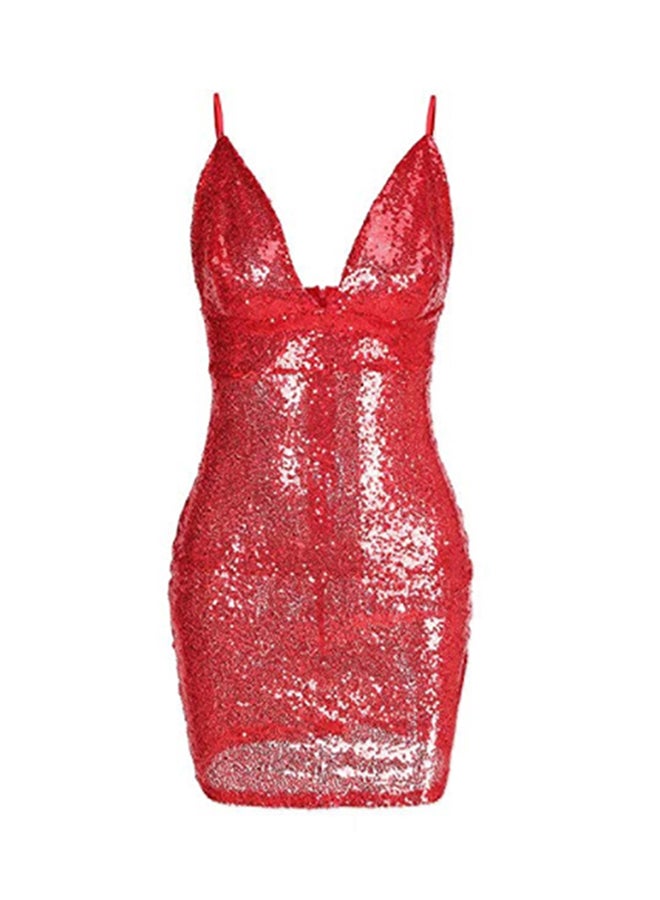 V Neck Sleeveless Sequins Mini Dress Red  - Image 1