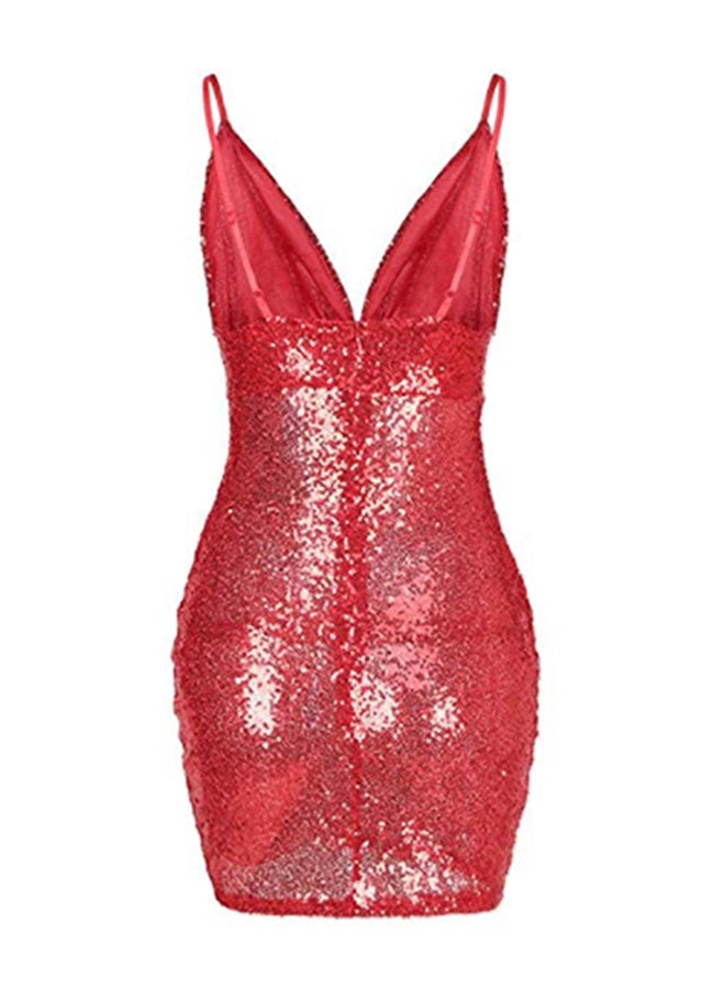 V Neck Sleeveless Sequins Mini Dress Red  - Image 2