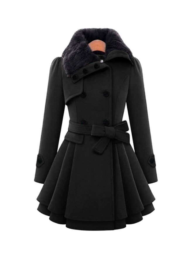 Double-Breasted Woolen Coat With Belt Black - Image 1