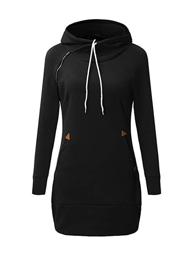 Long Sleeve Hoodie Dress With Pockets Black  - Image 1