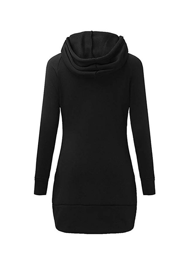 Long Sleeve Hoodie Dress With Pockets Black  - Image 2