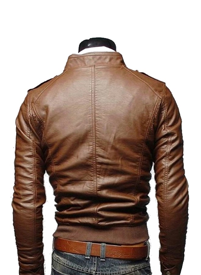 Generic - Casual Full-Zip Retro Fitted Jacket Brown - Image 1