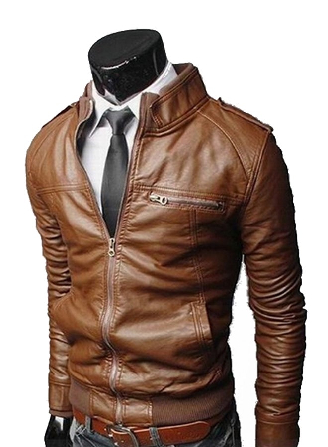 Generic - Casual Full-Zip Retro Fitted Jacket Brown - Image 1