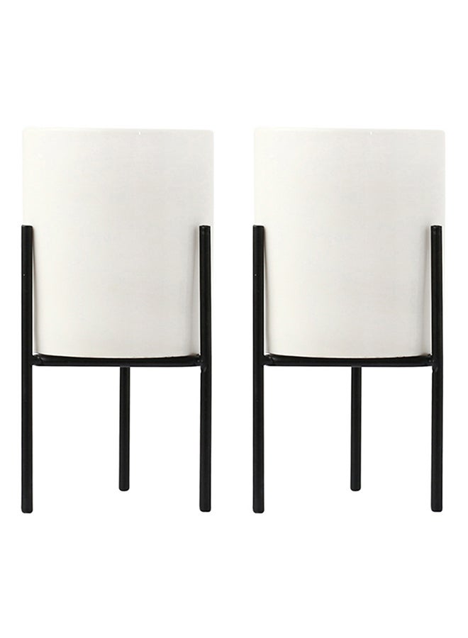 Generic 2-Piece Creative Ceramic Metal Holder Plant Vases With Flower Pot Rack Stand Set White/Black 16.5 x 8 x 8centimeter 