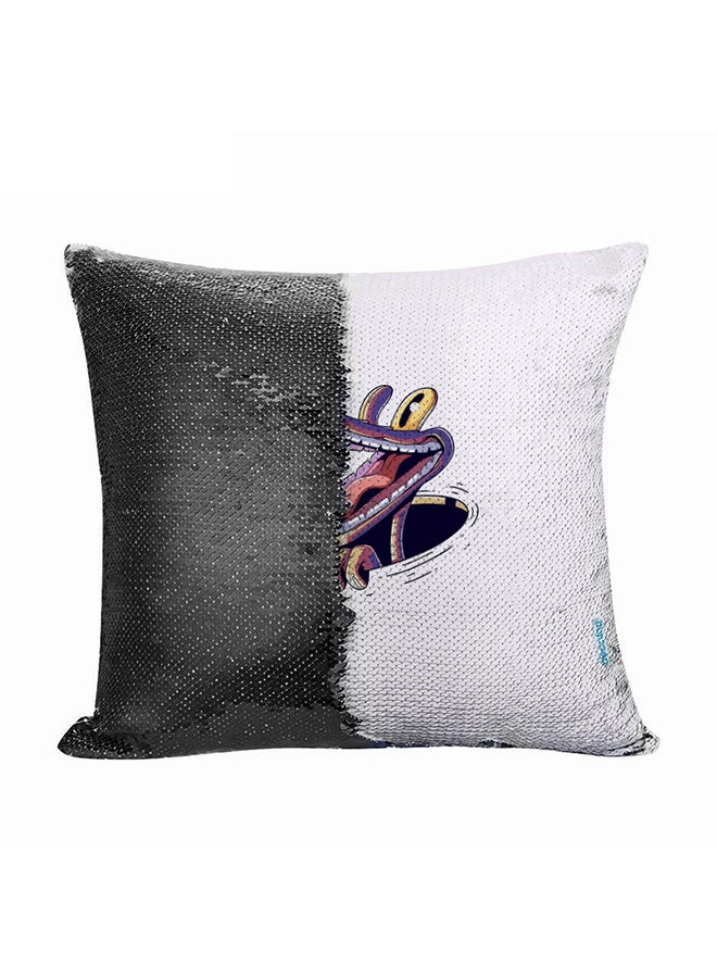 ديكالاك وسادة ديكورية بتصميم تمساح وعصفور مطرزة بالترتر من الوجه أسود/ أبيض/ أرجواني 45 x 45سم