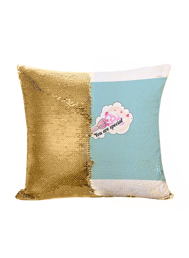 Decalac You Are Special Design Flip Sequin Decorative Pillow Gold/Blue/White 45 x 45cm