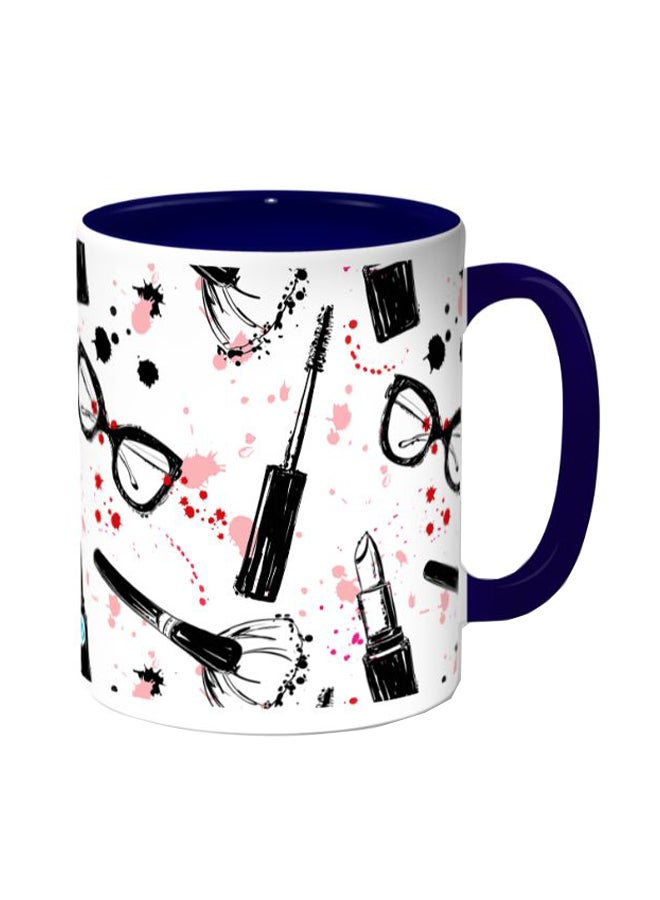 ديكالاك مج قهوة مزين برسومات مكياج ونظارات أبيض/أزرق داكن - Image 1