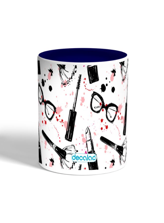 ديكالاك مج قهوة مزين برسومات مكياج ونظارات أبيض/أزرق داكن - Image 2