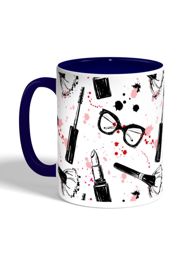 ديكالاك مج قهوة مزين برسومات مكياج ونظارات أبيض/أزرق داكن - Image 3