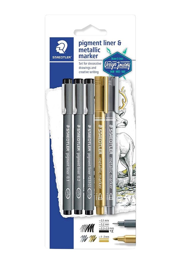 STAEDTLER Pigment Liner And Marker Set, Pack Of 5 Black/Gold/Silver  - Image 1