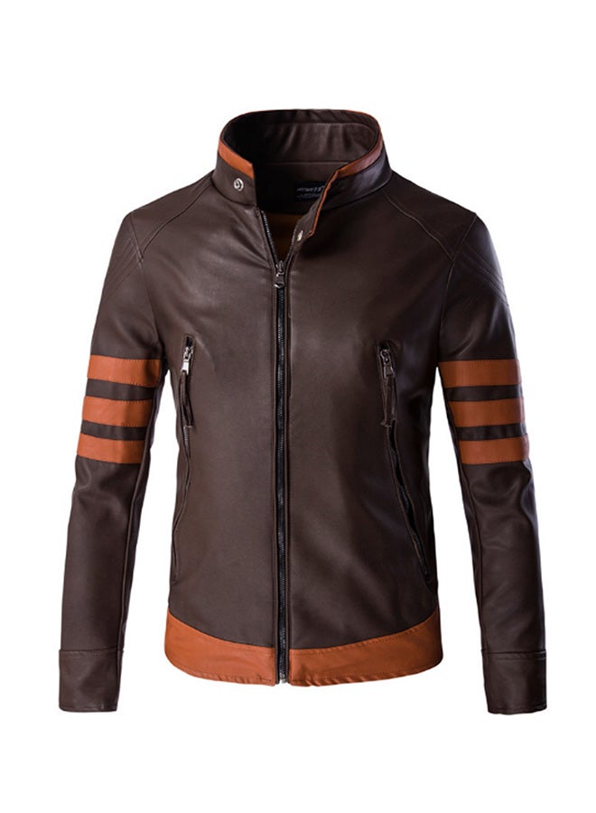PU Leather Stand Collar Zipper Jacket Brown  - Image 1