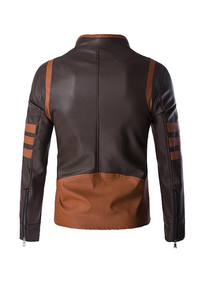 PU Leather Stand Collar Zipper Jacket Brown  - Image 2
