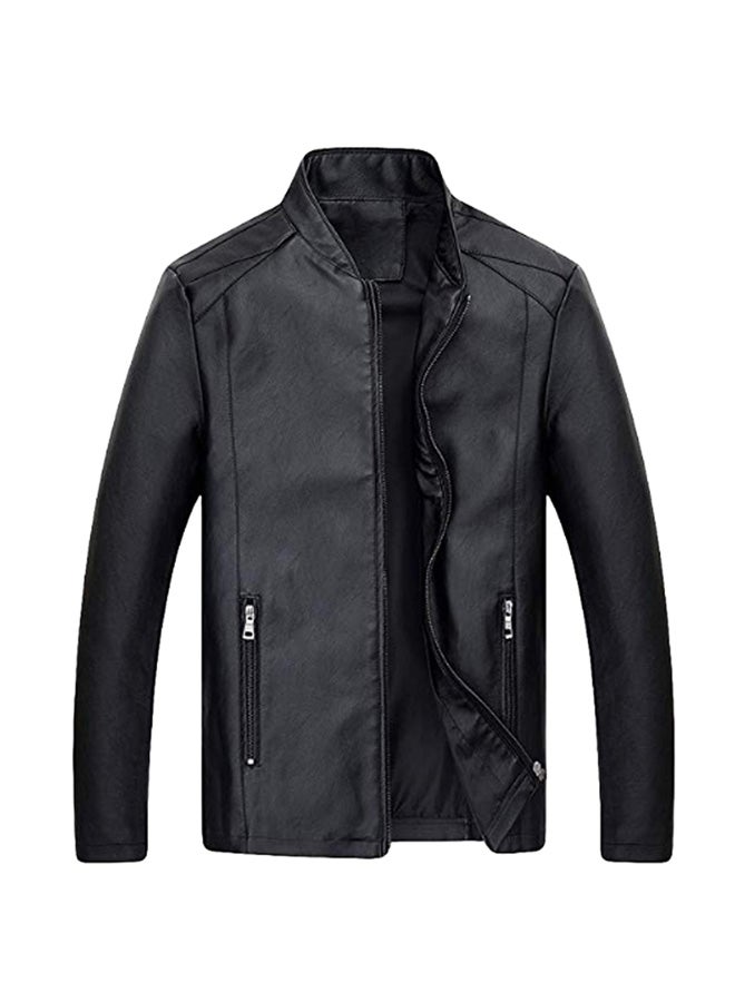 PU Leather Stand Collar Zipper Jacket Black - Image 1