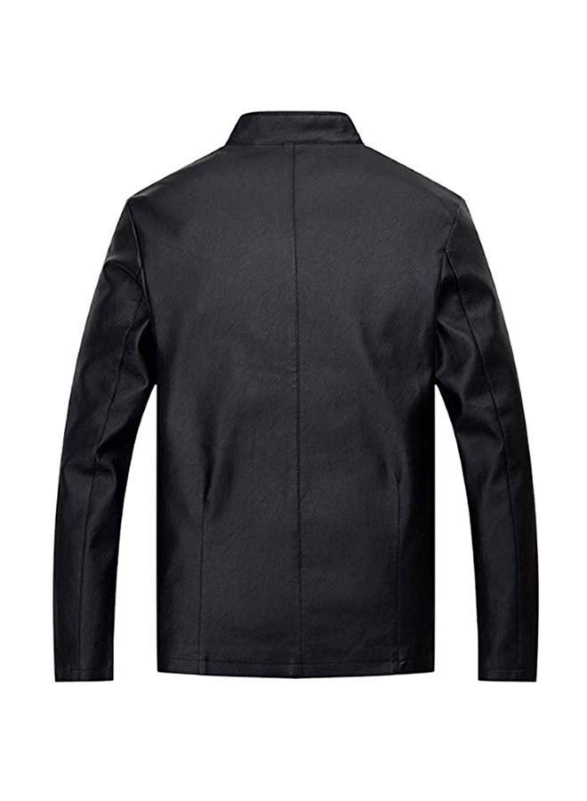 PU Leather Stand Collar Zipper Jacket Black - Image 2