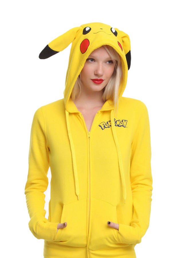 Pikachu Print Zipper Up Hooded Jacket Yellow  - Image 1