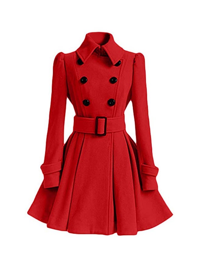 Long Sleeves Woolen Swing Coat With Belt Red - Image 1