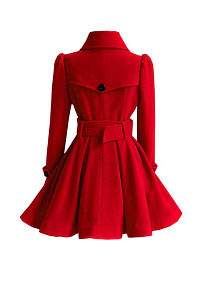 Long Sleeves Woolen Swing Coat With Belt Red - Image 2