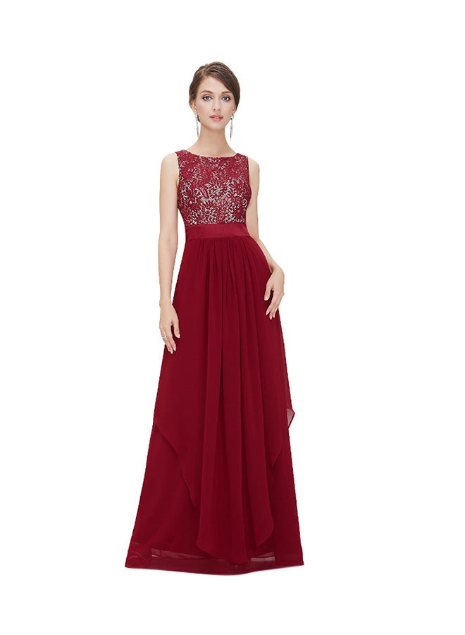 Round Neck Sleeveless Pleated Lace Dress Red - Image 1