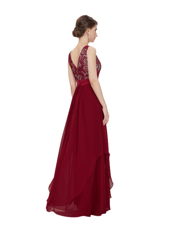 Round Neck Sleeveless Pleated Lace Dress Red - Image 2
