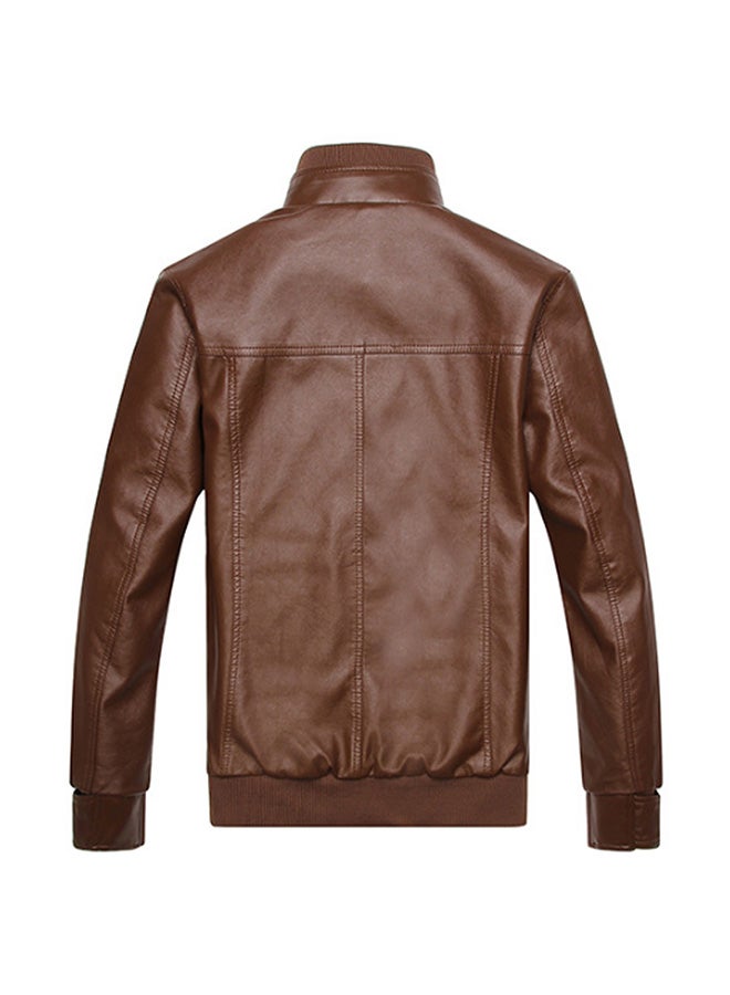 جاكيت بمقاس سليم وقبة واقفة مصنوعة من جلد البولي يوريثان بني - Image 2