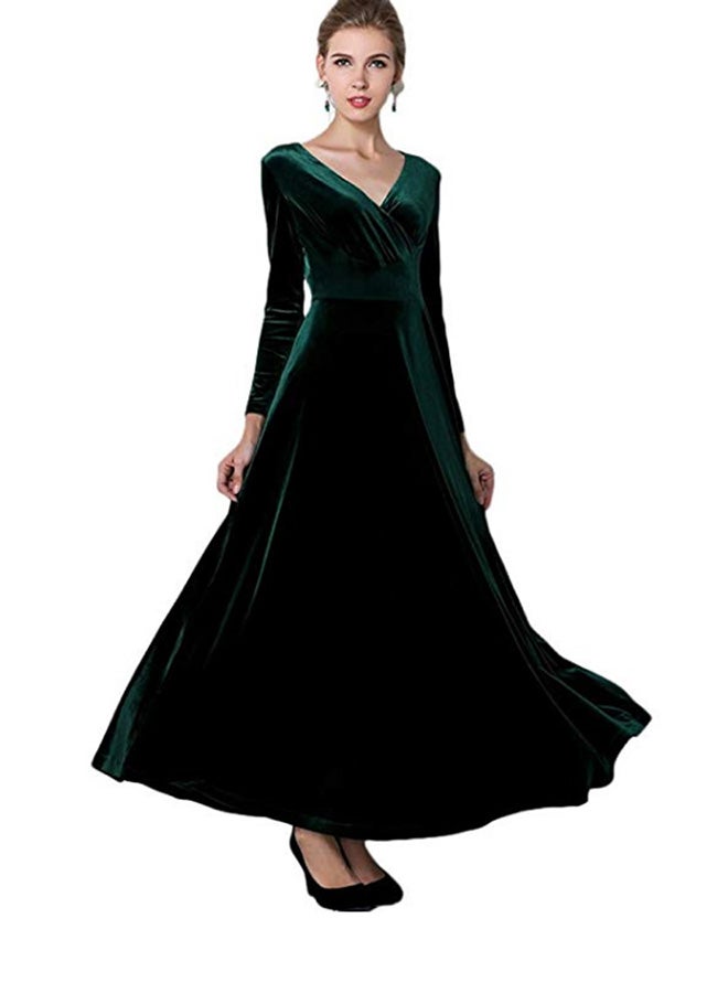فستان من المخمل بأكمام طويلة ورقبة على شكل حرف V أخضر - Image 1