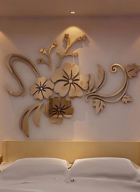 3D Flower Creative Living Room Mirror Wall Sticker Yellow 80x60cm